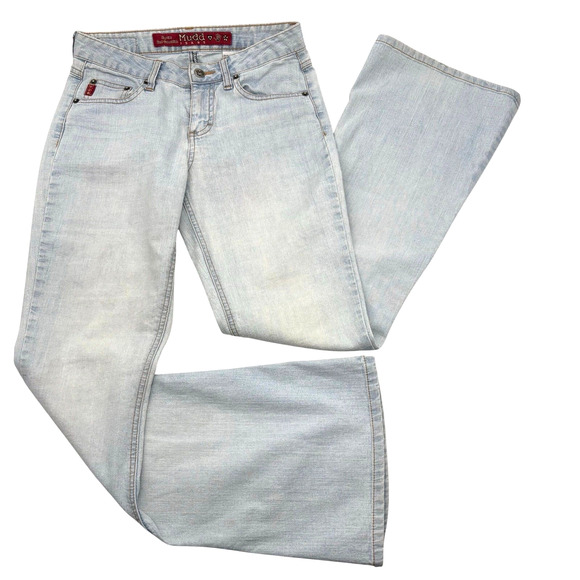 Vintage 90s Y2K Mudd Light Wash Low Rise Flare Bottom Denim Jeans Jr 1 27x31.5" - Picture 1 of 15